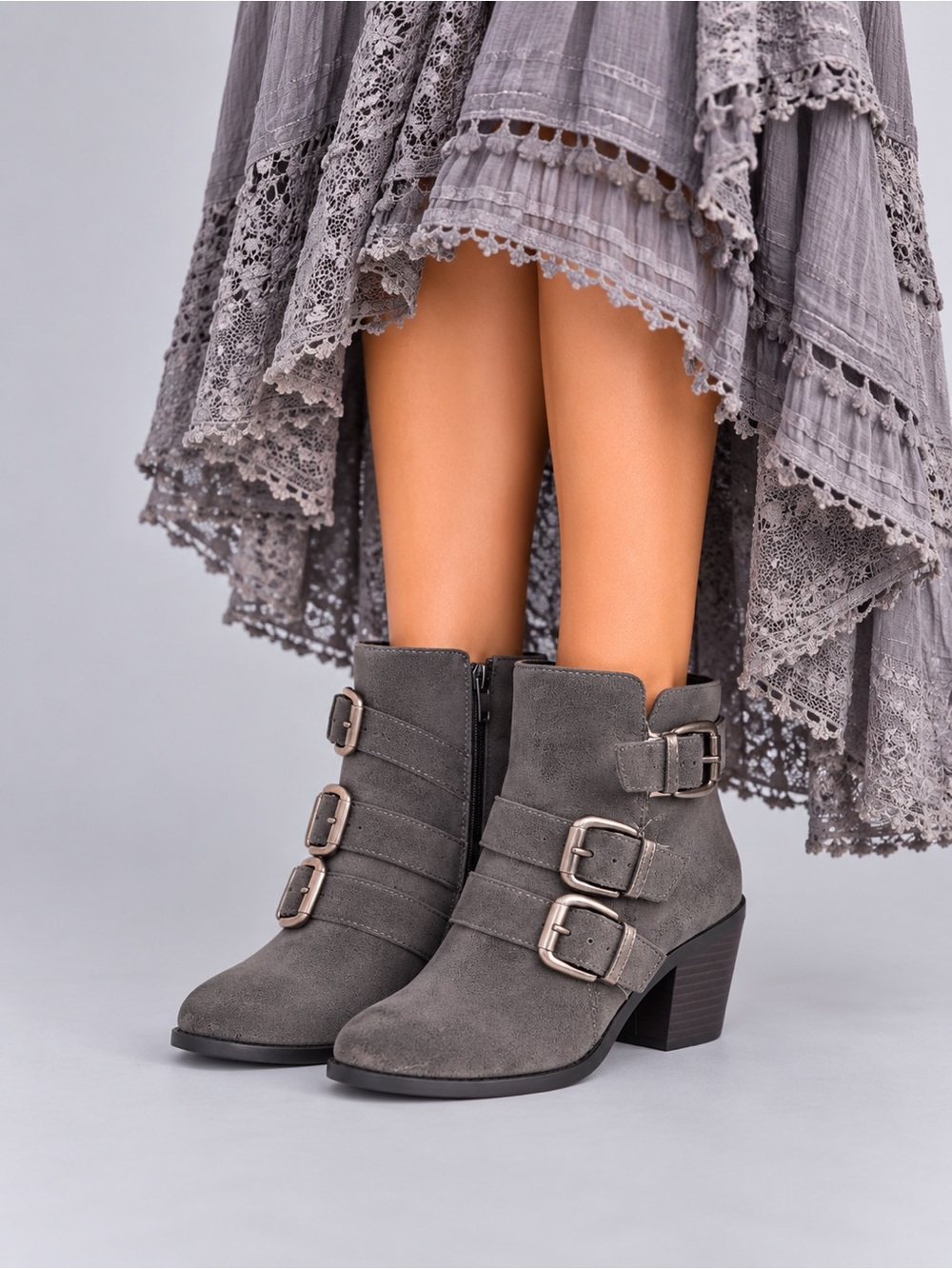 Ladies Crown Vintage Gray Suede Triple-Buckle Ankle Boots